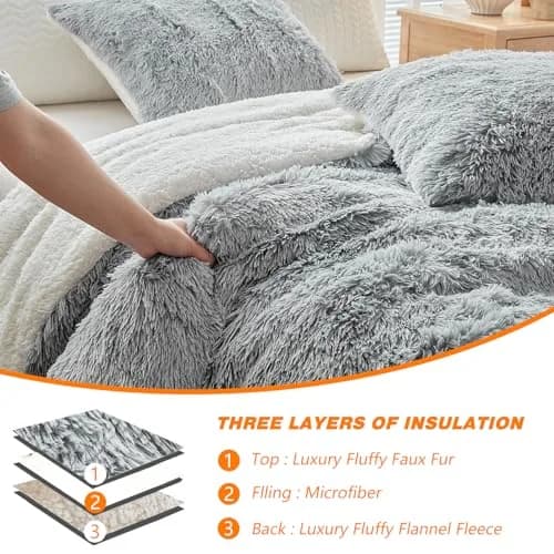 UOZZI BEDDING Gray Faux Fur Comforter Set Full/Queen | Ultra Soft Winter Bedding thumbnail 7
