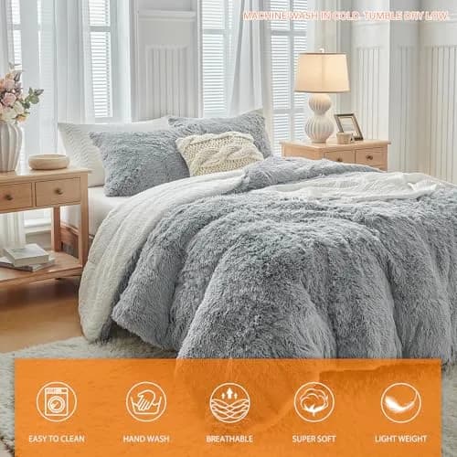 UOZZI BEDDING Gray Faux Fur Comforter Set Full/Queen | Ultra Soft Winter Bedding thumbnail 8