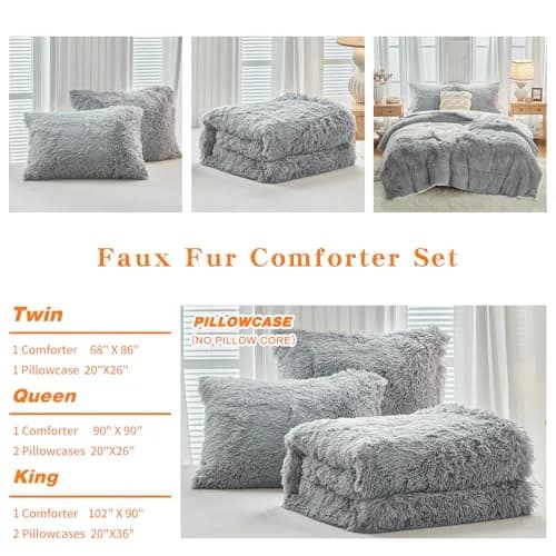UOZZI BEDDING Gray Faux Fur Comforter Set Full/Queen | Ultra Soft Winter Bedding thumbnail 9