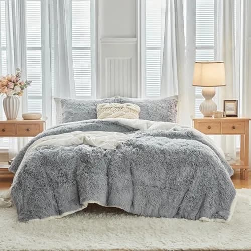 UOZZI BEDDING Gray Faux Fur Comforter Set Full/Queen | Ultra Soft Winter Bedding thumbnail 2