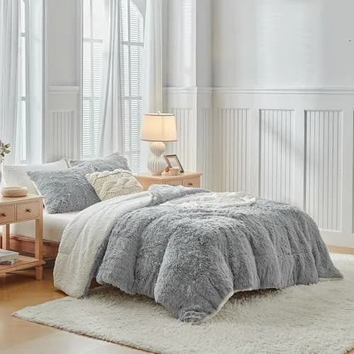 UOZZI BEDDING Gray Faux Fur Comforter Set Full/Queen | Ultra Soft Winter Bedding thumbnail 3