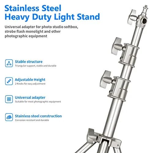 NEEWER 118"/3m Stainless Steel Light Stand, Spring Cushioned Heavy Duty | Adjustable & Durable thumbnail 2