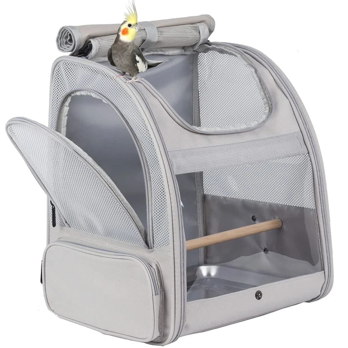 ORIZZP Bird Backpack Travel Carrier with Stand Perch & Shade Cover, Airline Approved Grey 38cm (15 inch) | Bird Backpack for Travel & Hiking - main product image