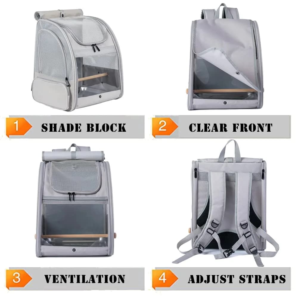ORIZZP Bird Backpack Travel Carrier with Stand Perch & Shade Cover, Airline Approved Grey 38cm (15 inch) | Bird Backpack for Travel & Hiking - view 5