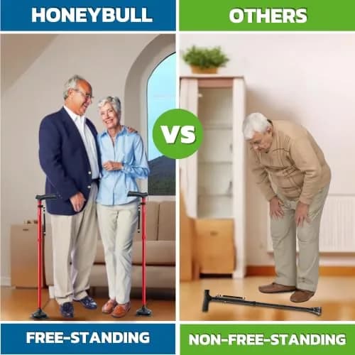 HONEYBULL Red Foldable Walking Cane | Adjustable Height 76-91cm (30-36 inch) with Free-Standing Pivot Base thumbnail 4