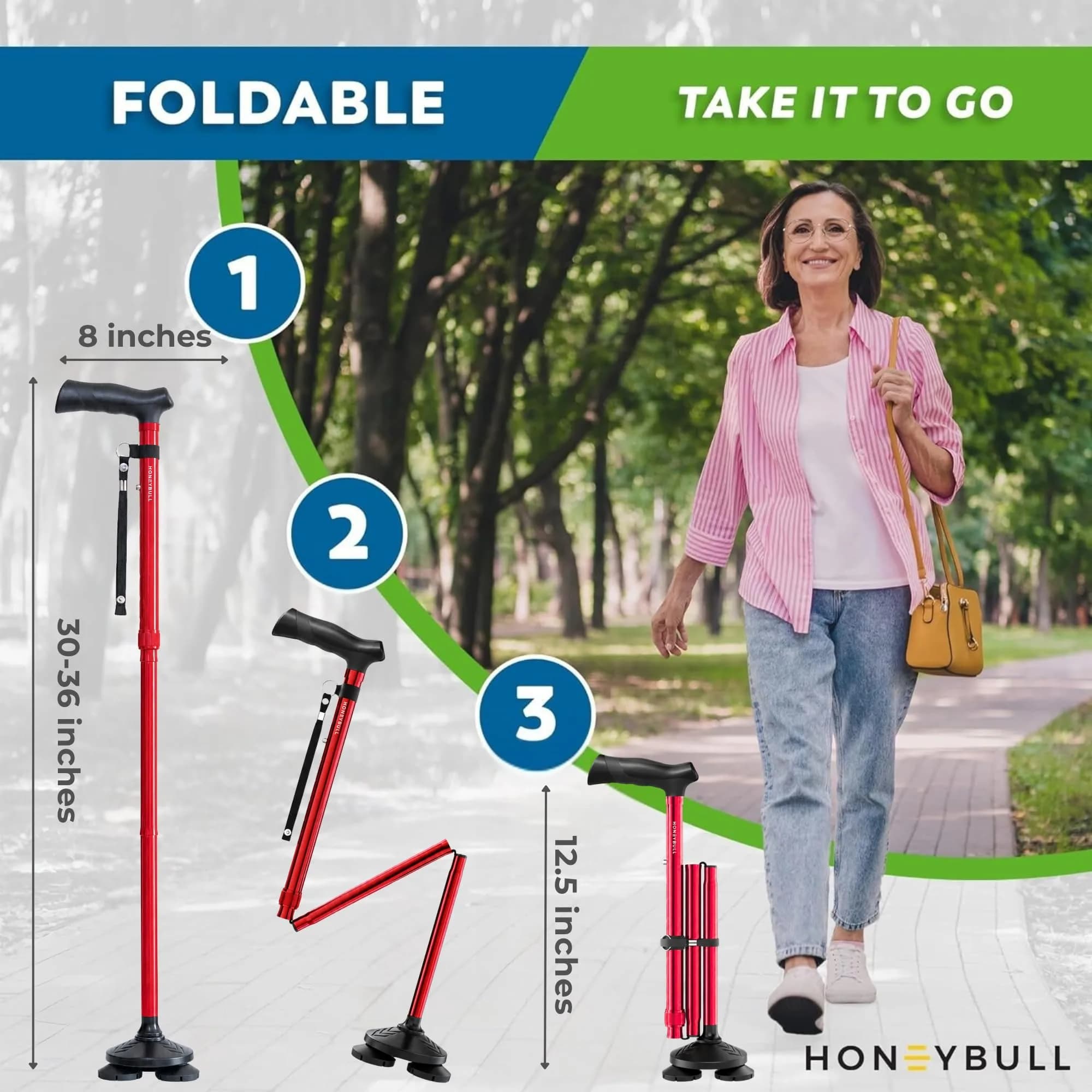 HONEYBULL Red Foldable Walking Cane | Adjustable Height 76-91cm (30-36 inch) with Free-Standing Pivot Base - view 6