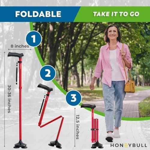 HONEYBULL Red Foldable Walking Cane | Adjustable Height 76-91cm (30-36 inch) with Free-Standing Pivot Base thumbnail 6