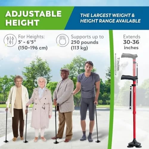 HONEYBULL Red Foldable Walking Cane | Adjustable Height 76-91cm (30-36 inch) with Free-Standing Pivot Base thumbnail 7