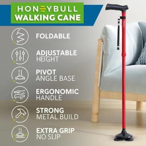 HONEYBULL Red Foldable Walking Cane | Adjustable Height 76-91cm (30-36 inch) with Free-Standing Pivot Base thumbnail 2