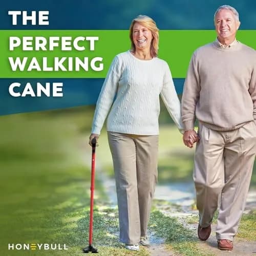 HONEYBULL Red Foldable Walking Cane | Adjustable Height 76-91cm (30-36 inch) with Free-Standing Pivot Base thumbnail 3