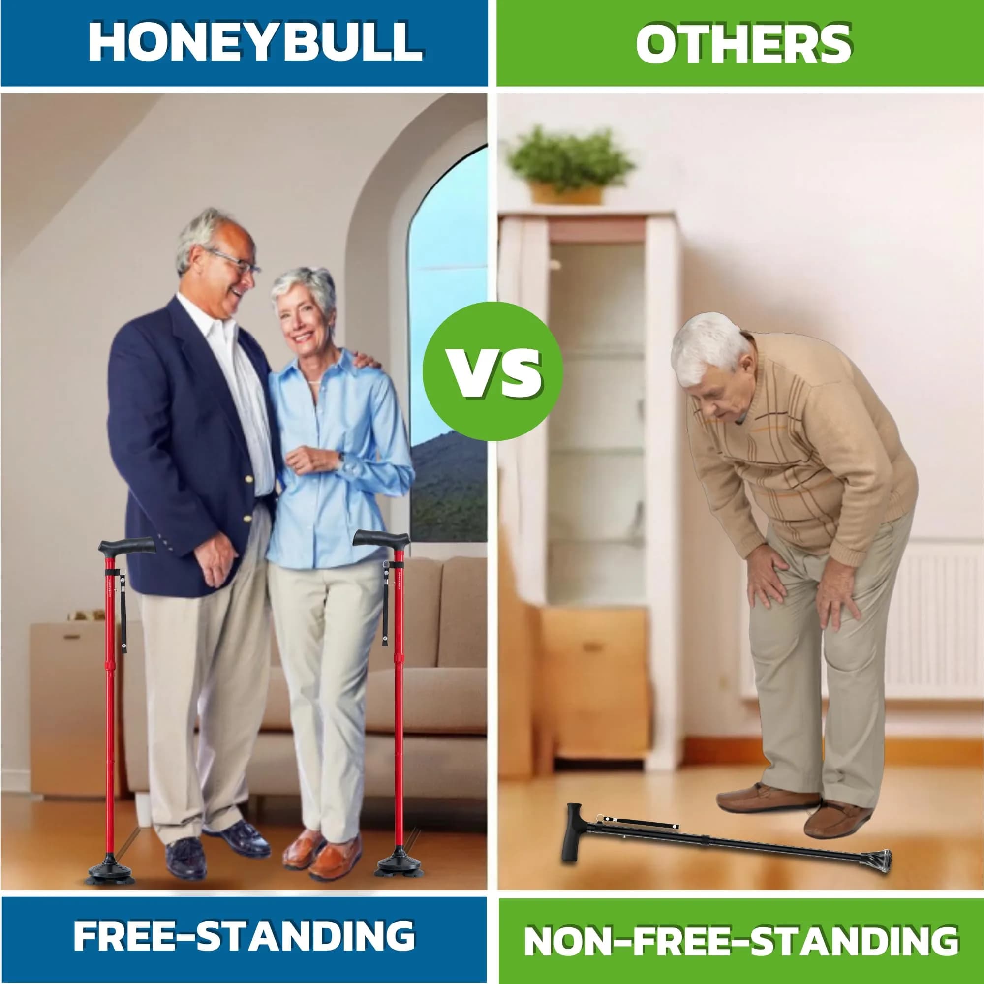 HONEYBULL Red Foldable Walking Cane | Adjustable Height 76-91cm (30-36 inch) with Free-Standing Pivot Base - view 4