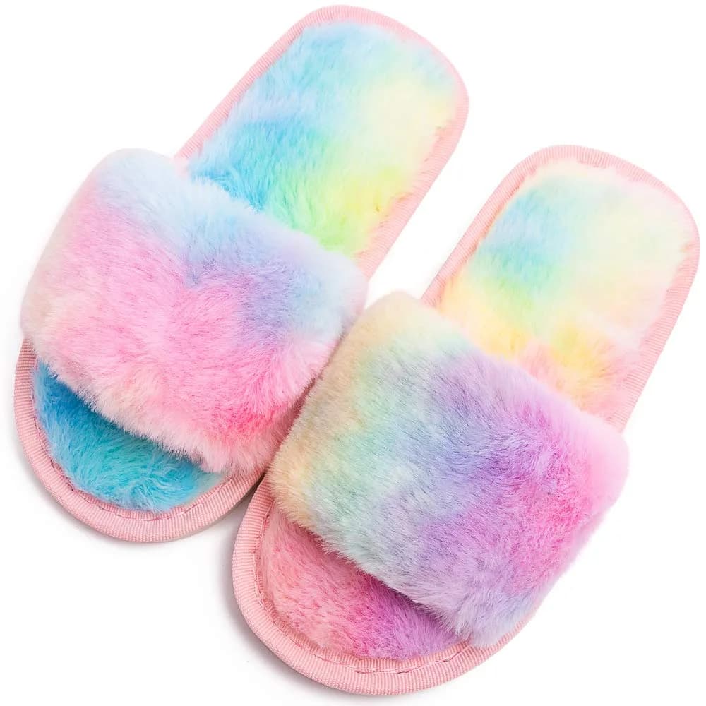 techcity Kids Fuzzy House Slippers Rainbow 8.5-9.5 Toddler | Plush Faux Fur Comfort