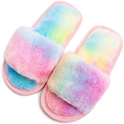 techcity Kids Fuzzy House Slippers Rainbow 8.5-9.5 Toddler | Plush Faux Fur Comfort thumbnail 1