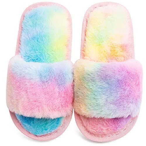 techcity Kids Fuzzy House Slippers Rainbow 8.5-9.5 Toddler | Plush Faux Fur Comfort thumbnail 4