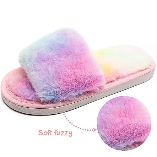 techcity Kids Fuzzy House Slippers Rainbow 8.5-9.5 Toddler | Plush Faux Fur Comfort thumbnail 5