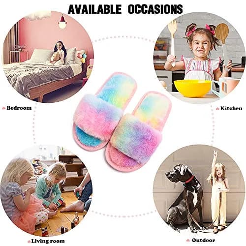 techcity Kids Fuzzy House Slippers Rainbow 8.5-9.5 Toddler | Plush Faux Fur Comfort thumbnail 6