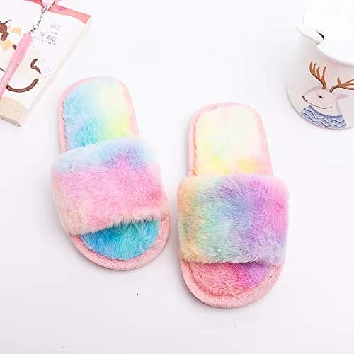 techcity Kids Fuzzy House Slippers Rainbow 8.5-9.5 Toddler | Plush Faux Fur Comfort thumbnail 3