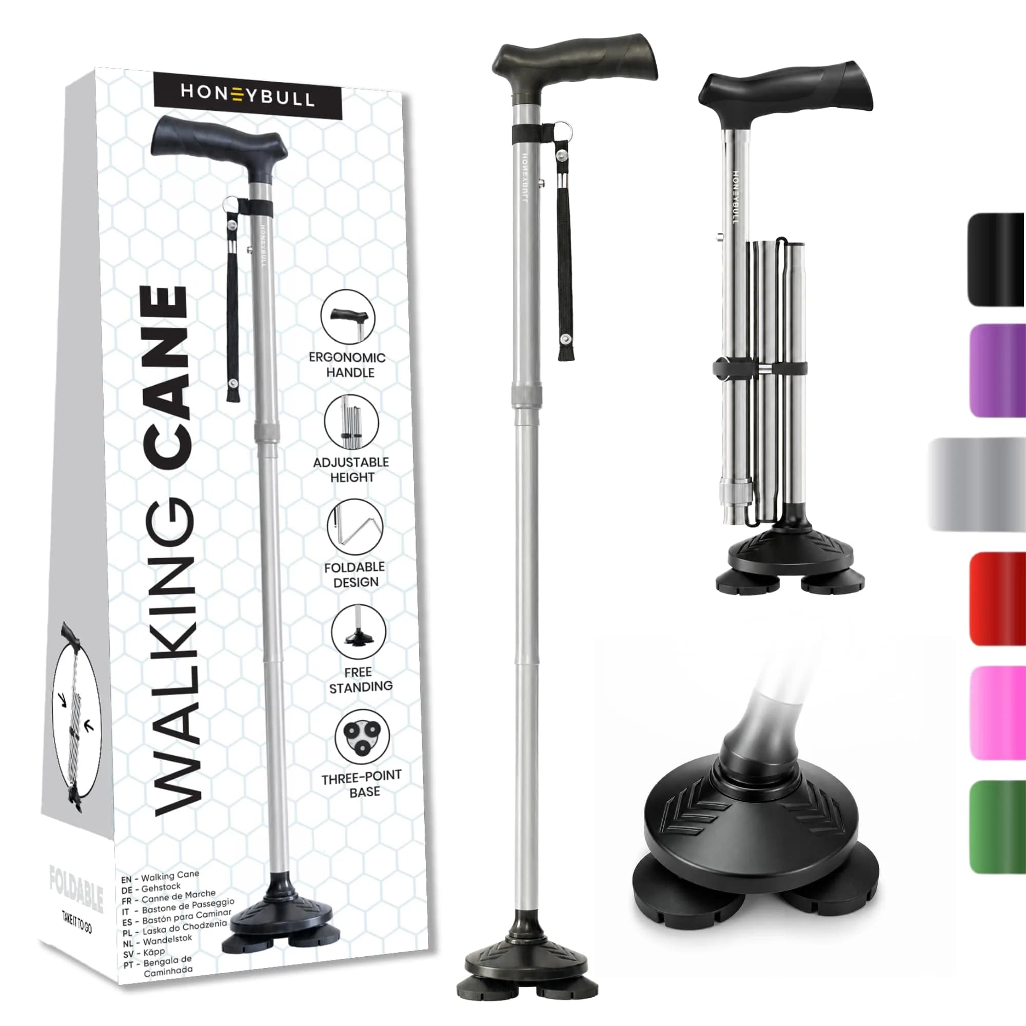 HONEYBULL Foldable Walking Cane Silver | Adjustable Height 76-91cm (30"-36") Free Standing Pivot Base