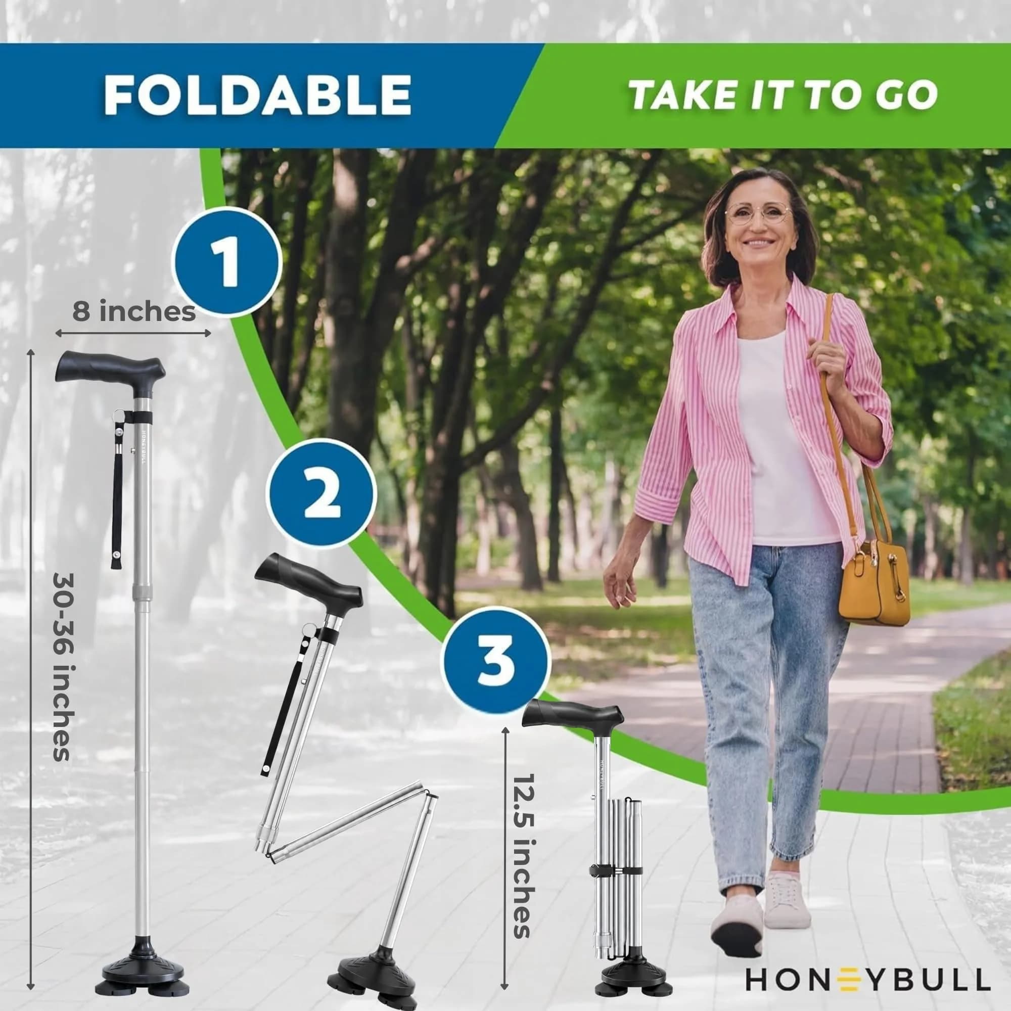 HONEYBULL Foldable Walking Cane Silver | Adjustable Height 76-91cm (30"-36") Free Standing Pivot Base - view 6