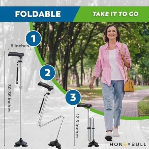 HONEYBULL Foldable Walking Cane Silver | Adjustable Height 76-91cm (30"-36") Free Standing Pivot Base thumbnail 6