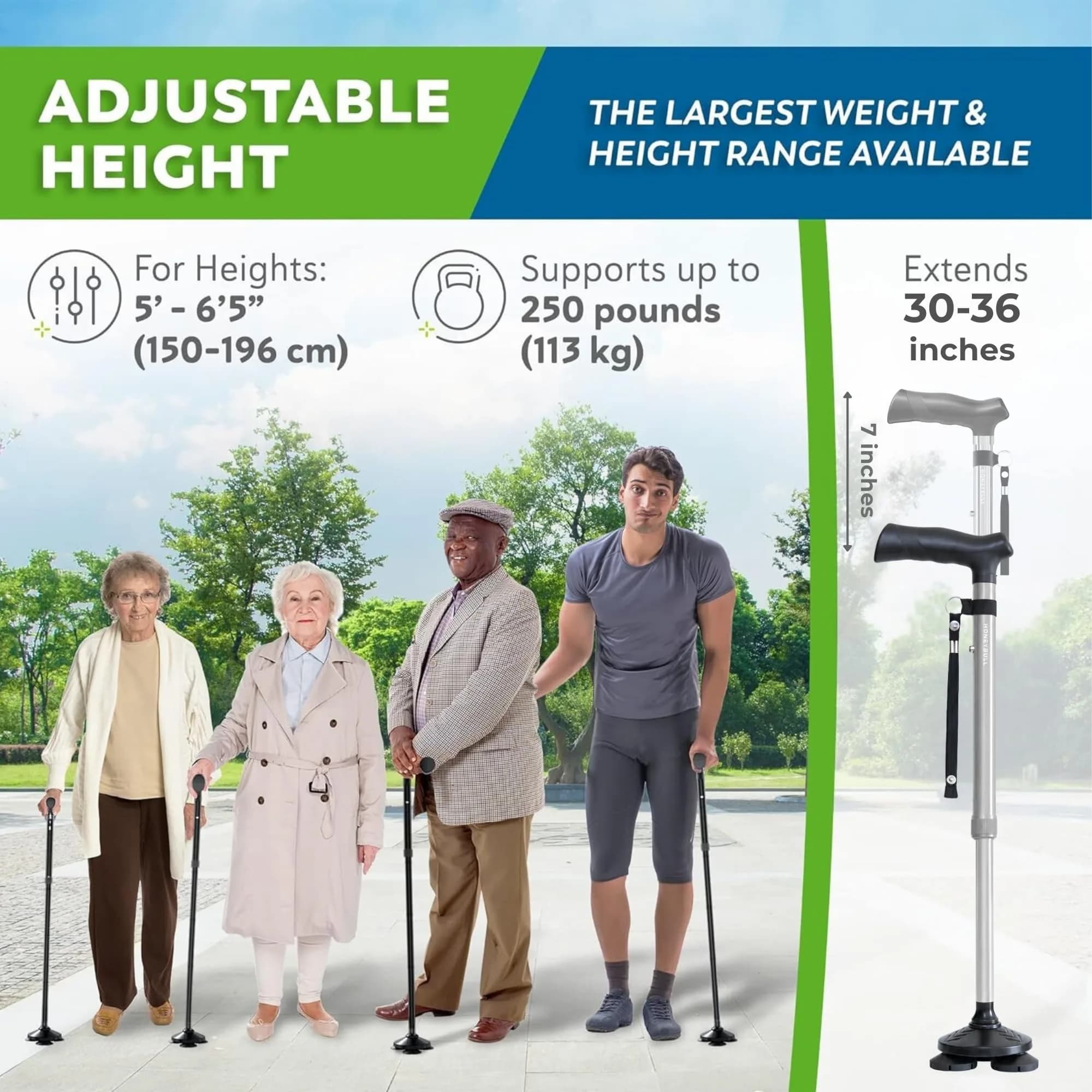 HONEYBULL Foldable Walking Cane Silver | Adjustable Height 76-91cm (30"-36") Free Standing Pivot Base - view 7