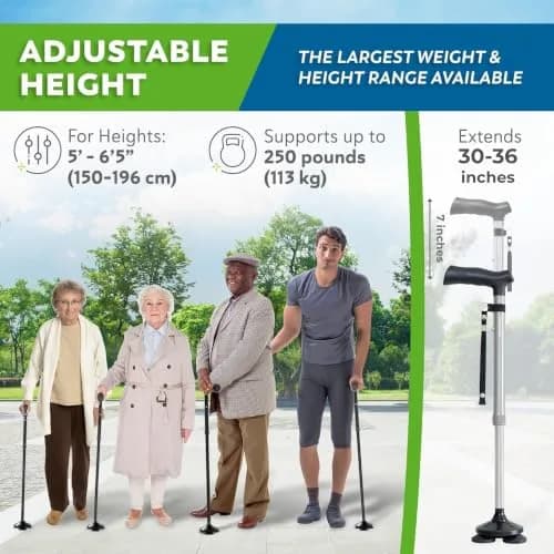 HONEYBULL Foldable Walking Cane Silver | Adjustable Height 76-91cm (30"-36") Free Standing Pivot Base thumbnail 7