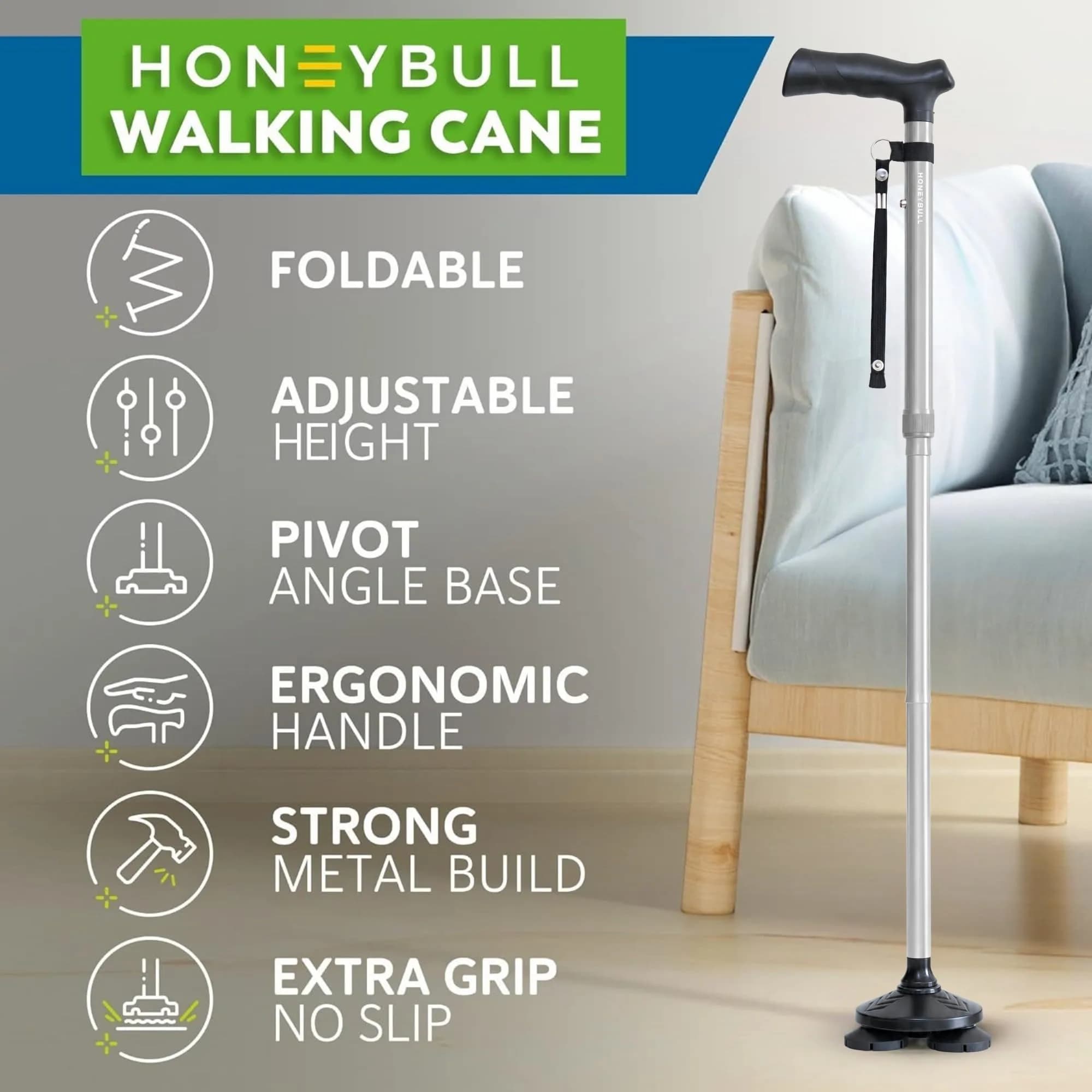 HONEYBULL Foldable Walking Cane Silver | Adjustable Height 76-91cm (30"-36") Free Standing Pivot Base - view 2