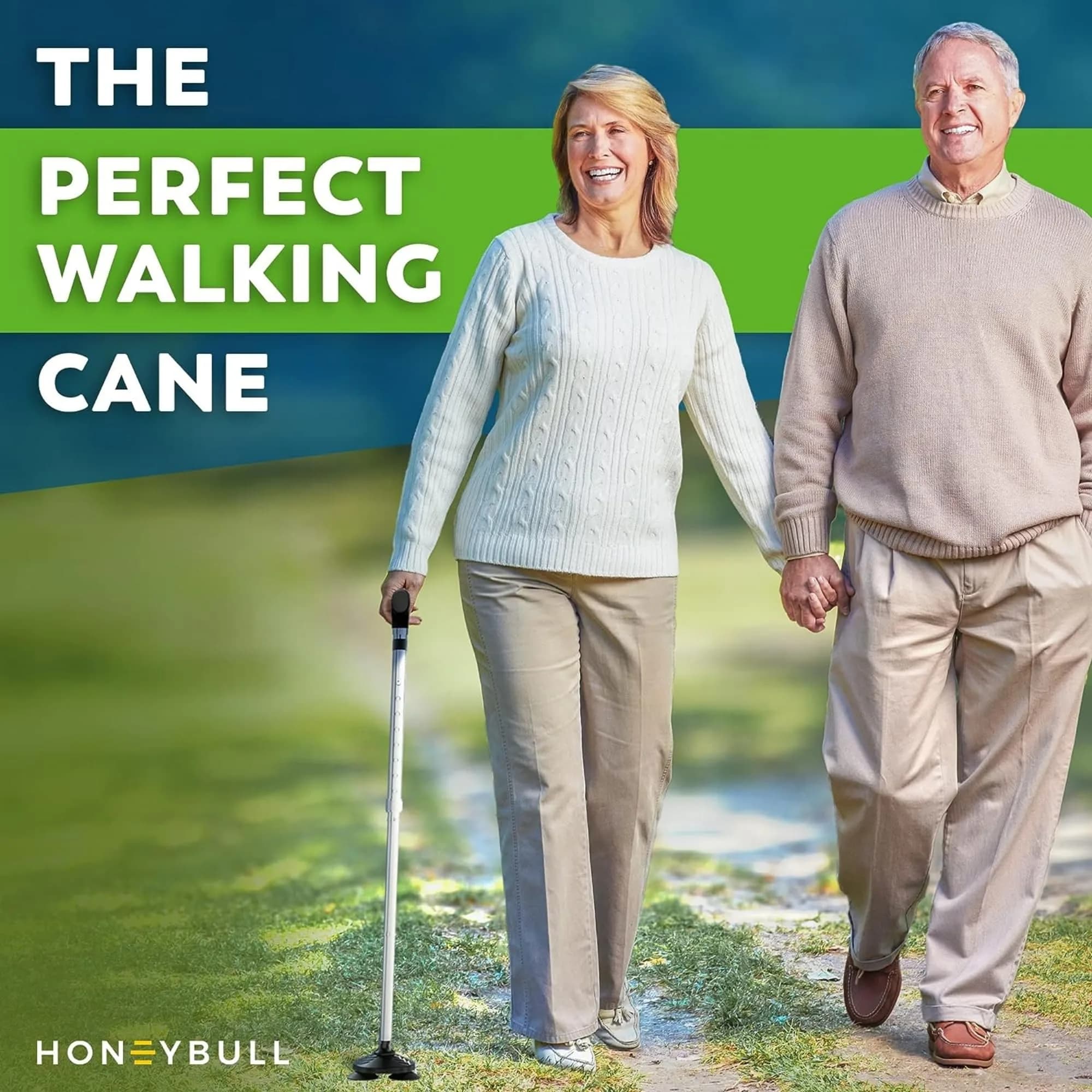 HONEYBULL Foldable Walking Cane Silver | Adjustable Height 76-91cm (30"-36") Free Standing Pivot Base - view 3