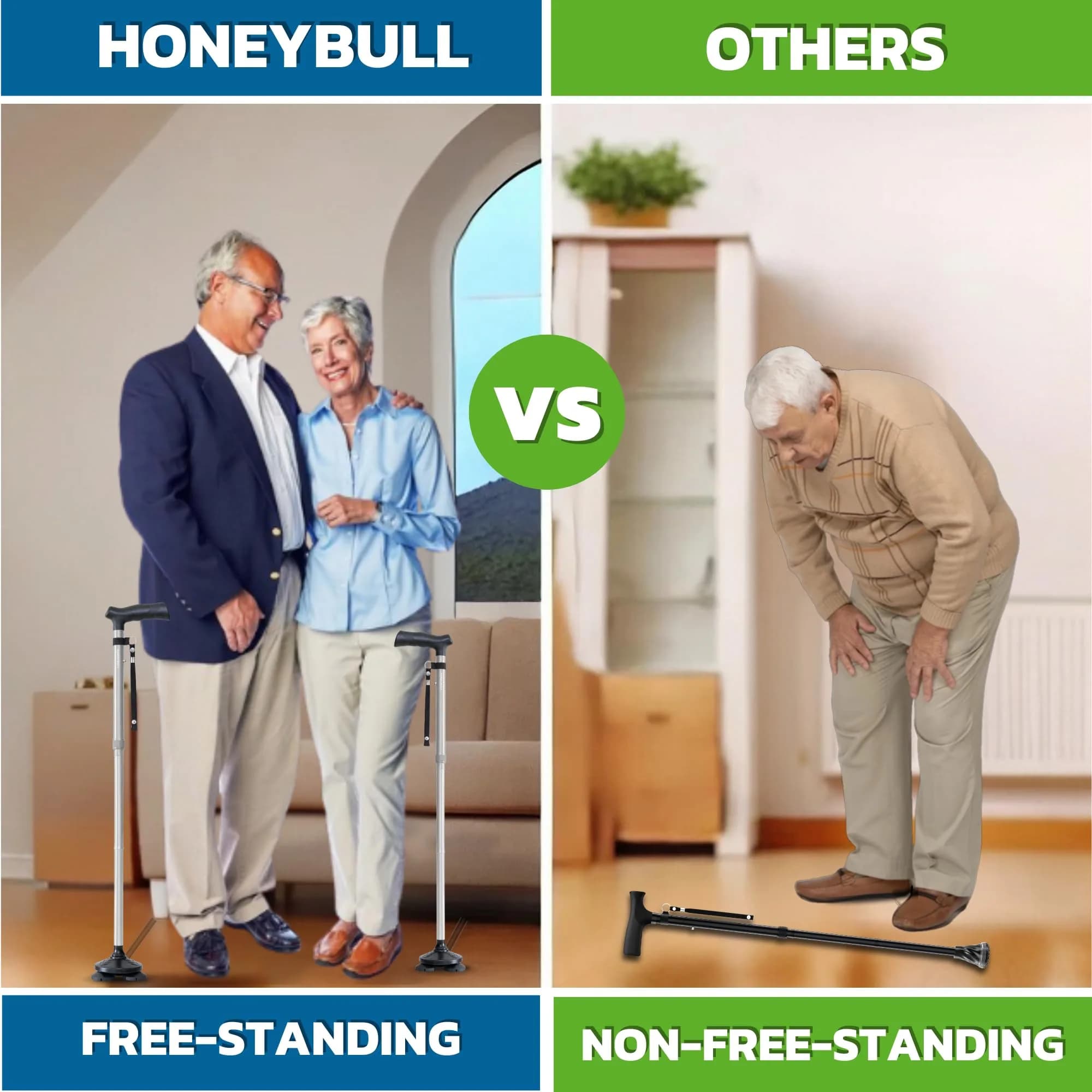 HONEYBULL Foldable Walking Cane Silver | Adjustable Height 76-91cm (30"-36") Free Standing Pivot Base - view 4