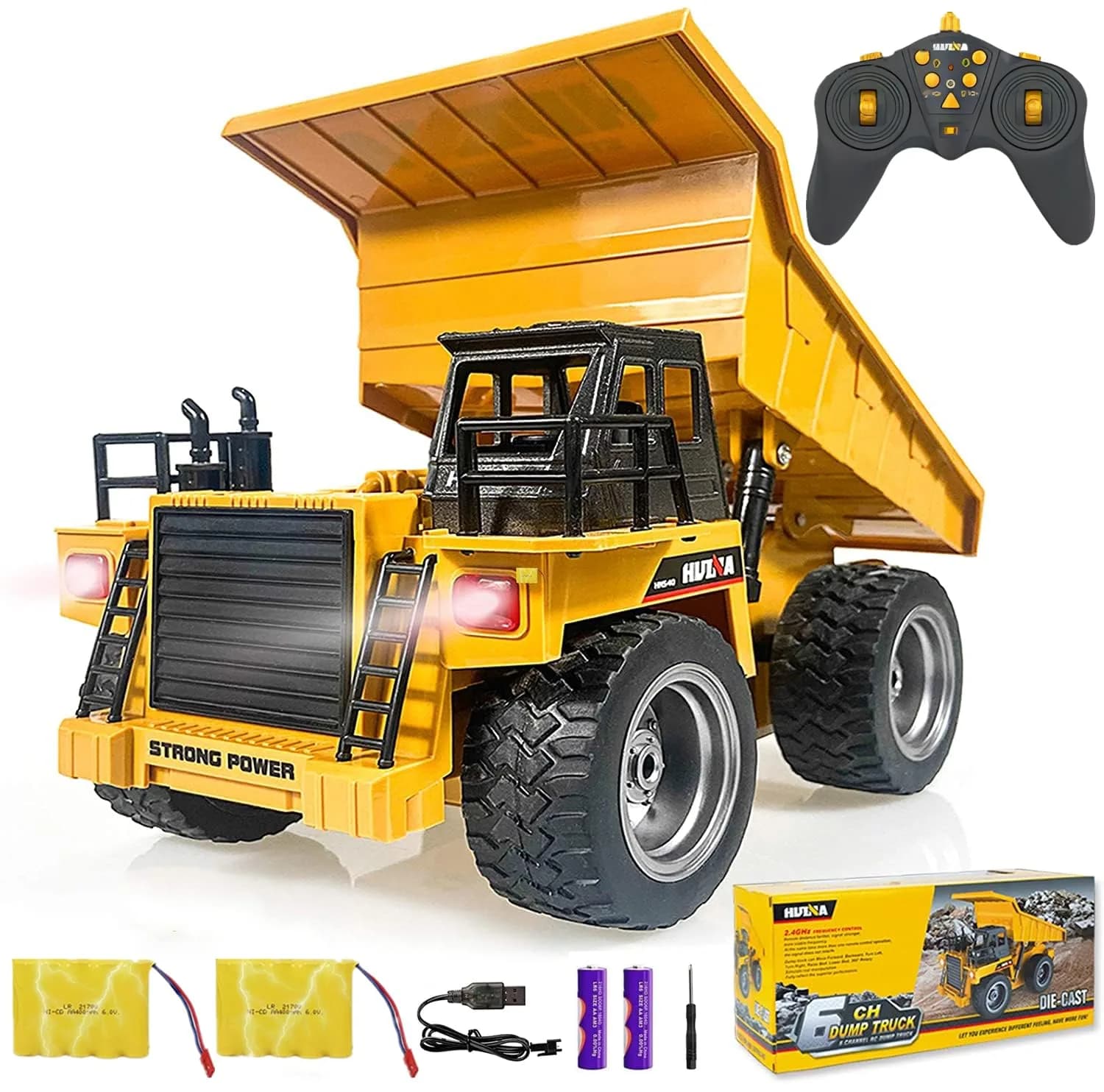 HuiNa 1:18 Scale RC Dump Truck Yellow | 6-Channel Full Functional Metal Construction Toy