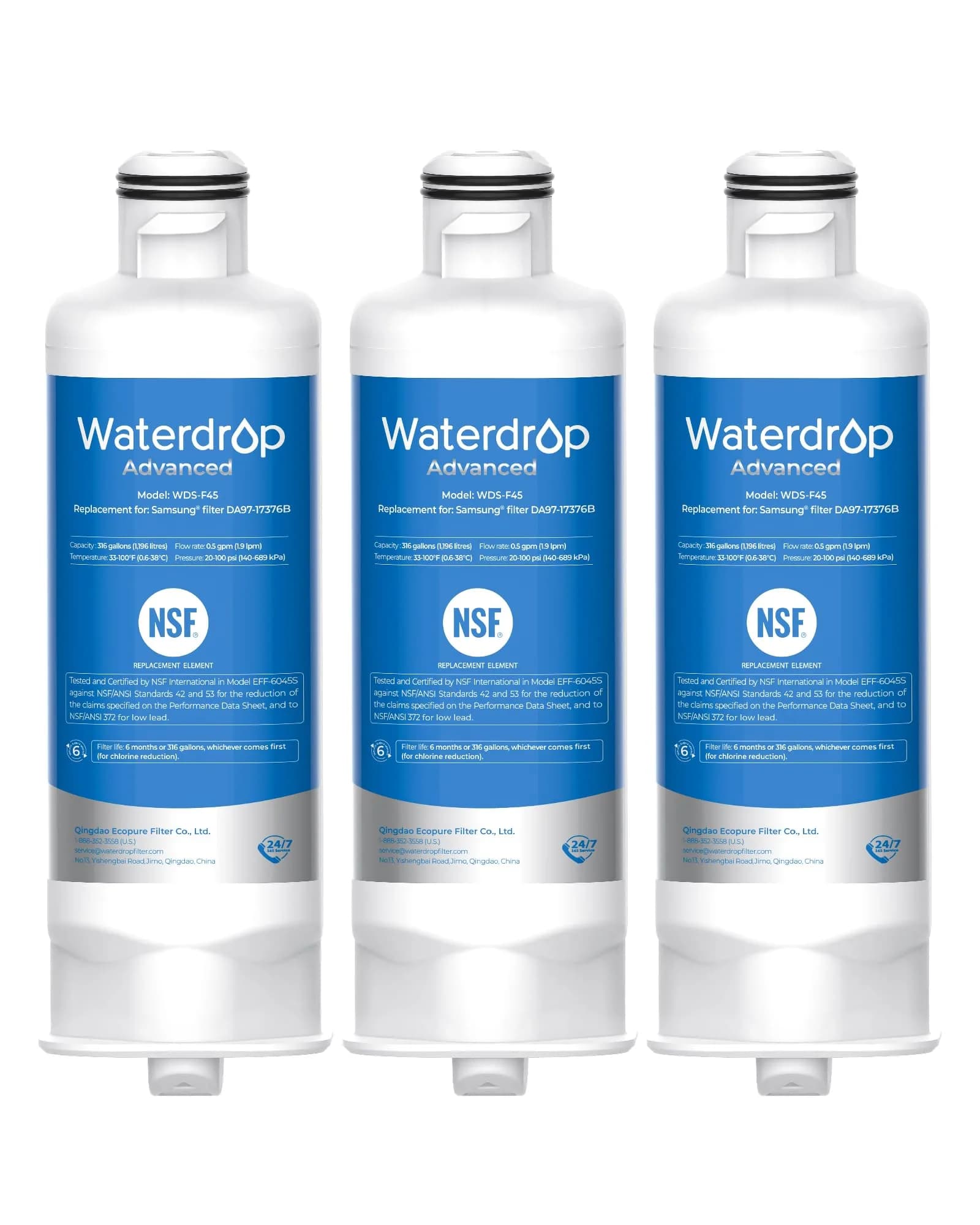 Waterdrop WD-F45 Water Filter Replacement for Samsung DA97-17376B, 3 Pack | NSF/ANSI Certified for Purity — Heavy Metals Removal (Pro)