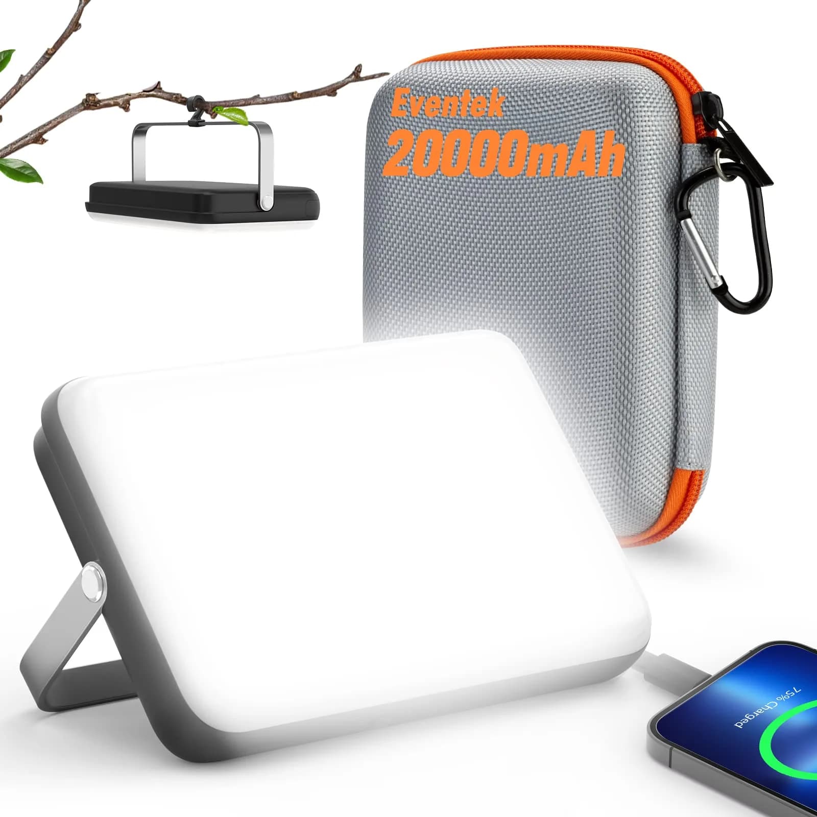 Eventek Rechargeable LED Work Light & Camping Lantern 20000mAh (662g) | 144H Runtime, Power Bank, IPX5 Waterproof — Black