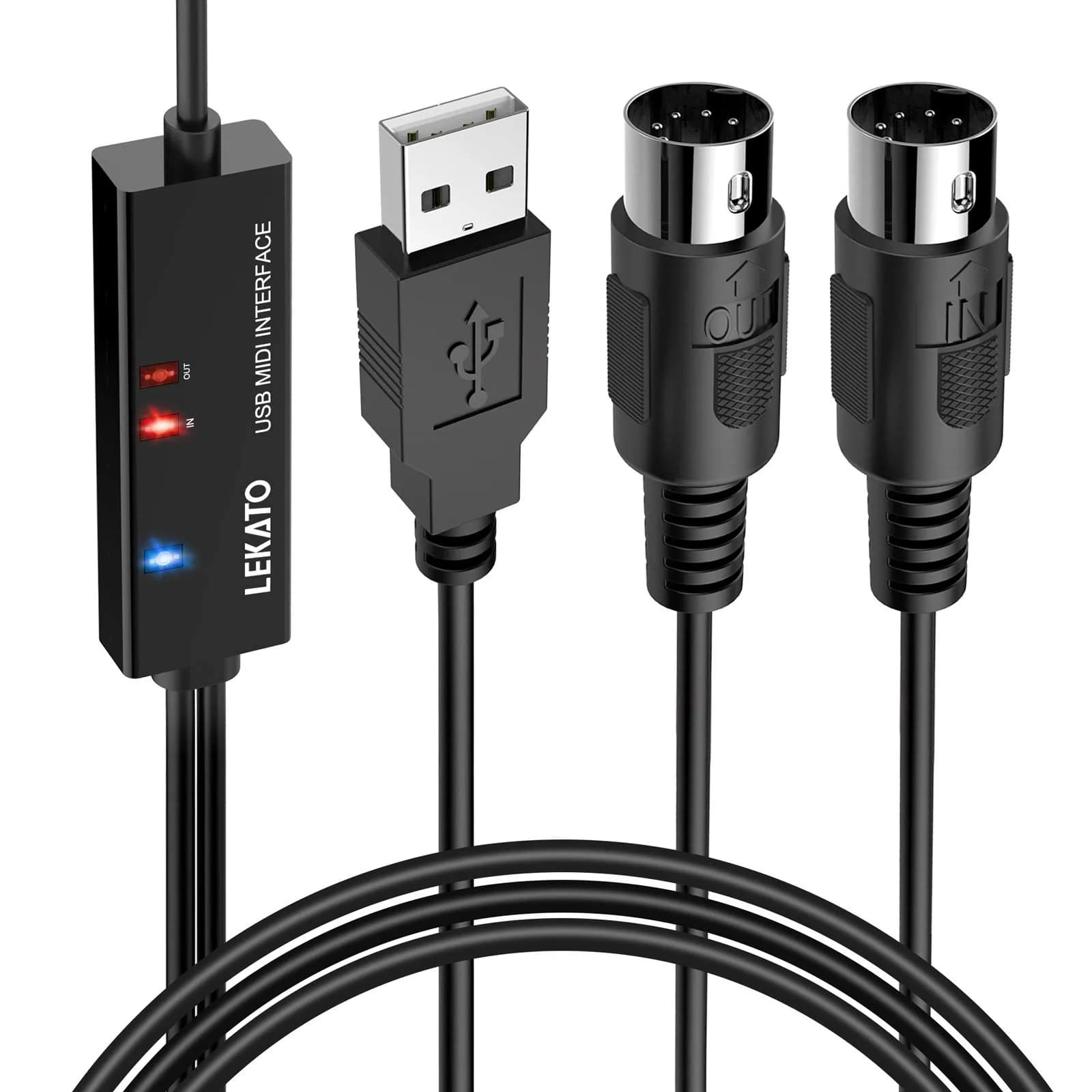 LEKATO Wireless MIDI Adapter Bluetooth 5-PIN DIN with USB, Low Latency Rechargeable for Synthesizer, Digital Piano Keyboard to Mac OS/iOS/Windows | USB MIDI Controller for Music Production — USB(Black）