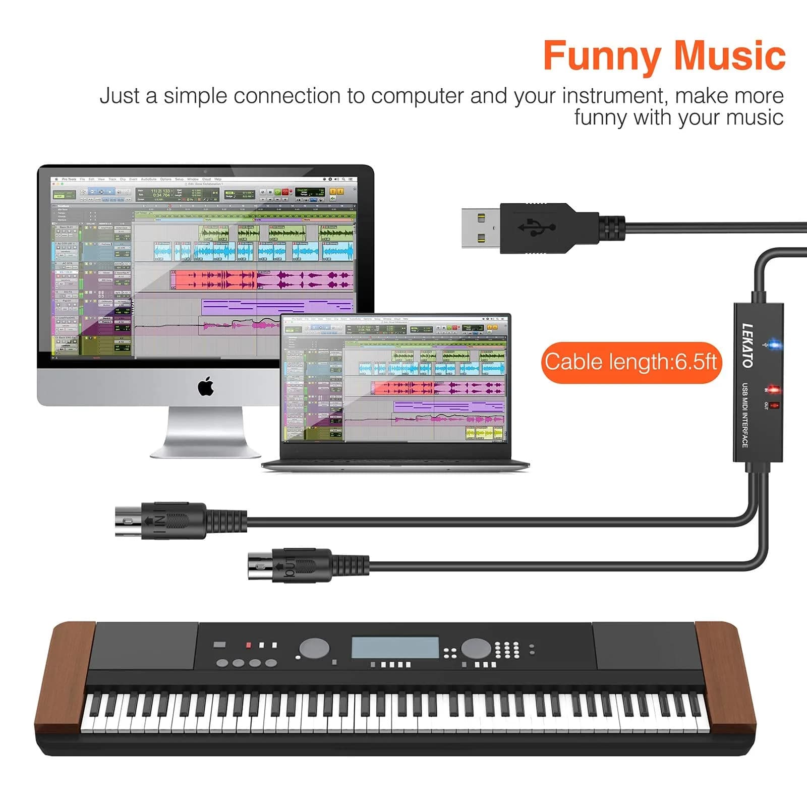 LEKATO USB MIDI Cable 2m (6.5ft) with 16-Channel Input/Output Indicators | Plug & Play MIDI to USB Keyboard Controller for Windows/Mac thumbnail 5