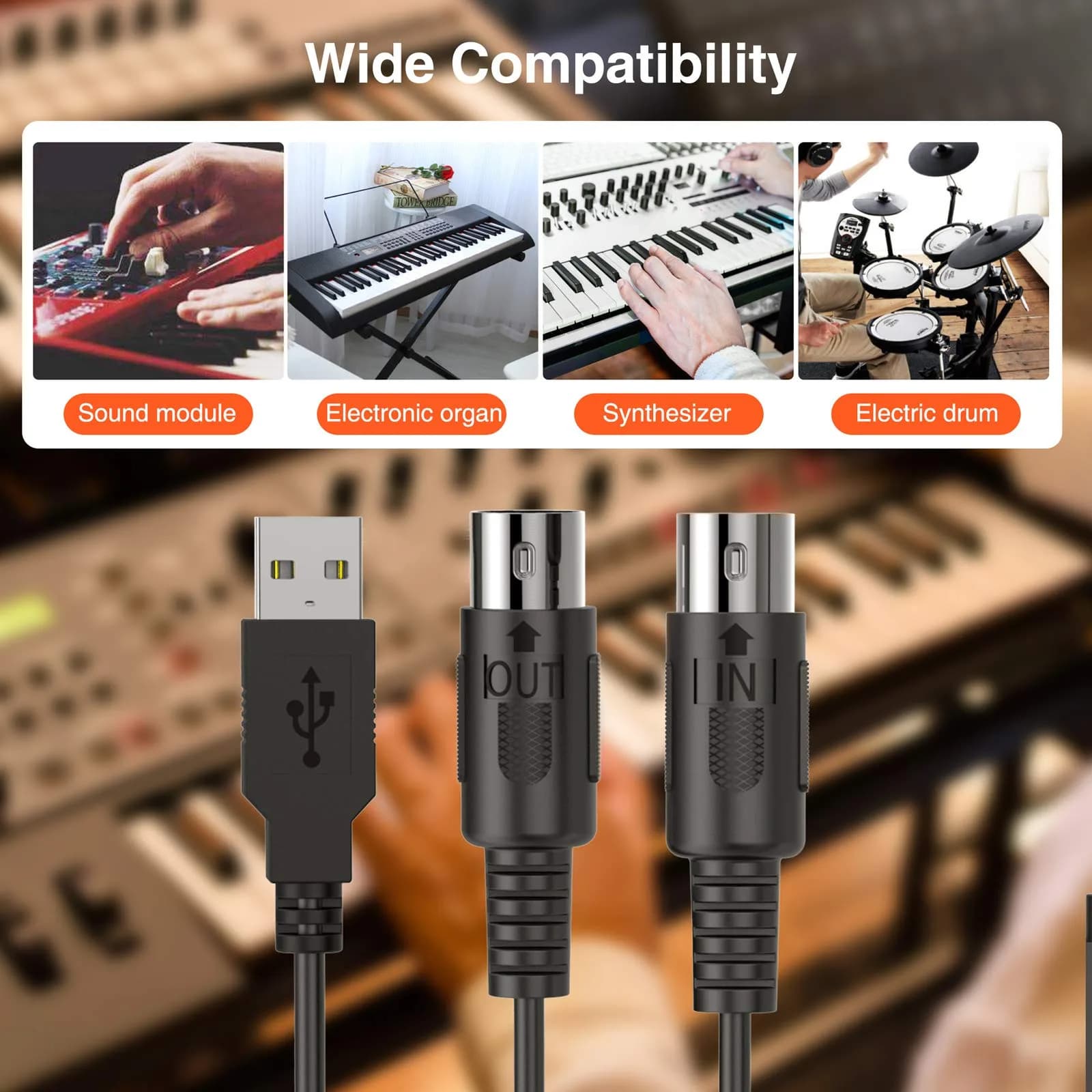 LEKATO USB MIDI Cable 2m (6.5ft) with 16-Channel Input/Output Indicators | Plug & Play MIDI to USB Keyboard Controller for Windows/Mac thumbnail 6
