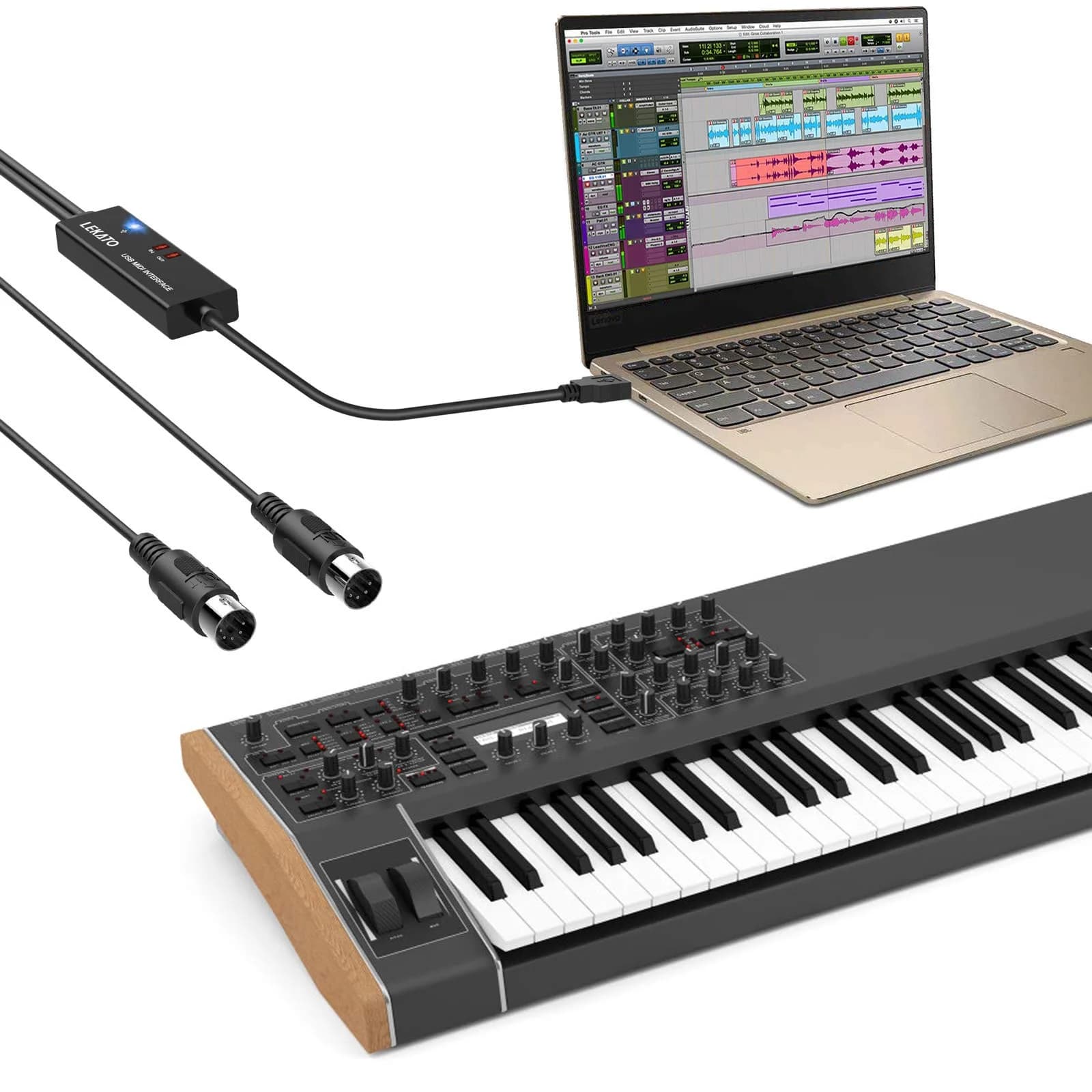 LEKATO USB MIDI Cable 2m (6.5ft) with 16-Channel Input/Output Indicators | Plug & Play MIDI to USB Keyboard Controller for Windows/Mac thumbnail 7