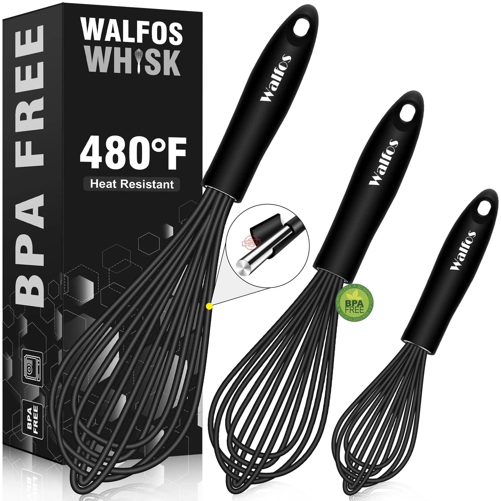 Walfos 7"+9"+11" Stainless Steel Balloon Whisk Set in Black - 3-Piece Heavy Duty Egg Frother - main product image