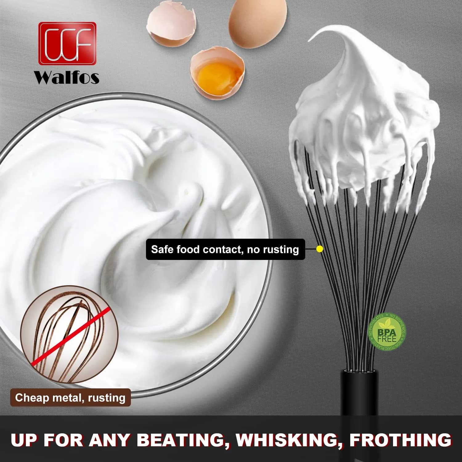Walfos 7"+9"+11" Stainless Steel Balloon Whisk Set in Black - 3-Piece Heavy Duty Egg Frother - view 3
