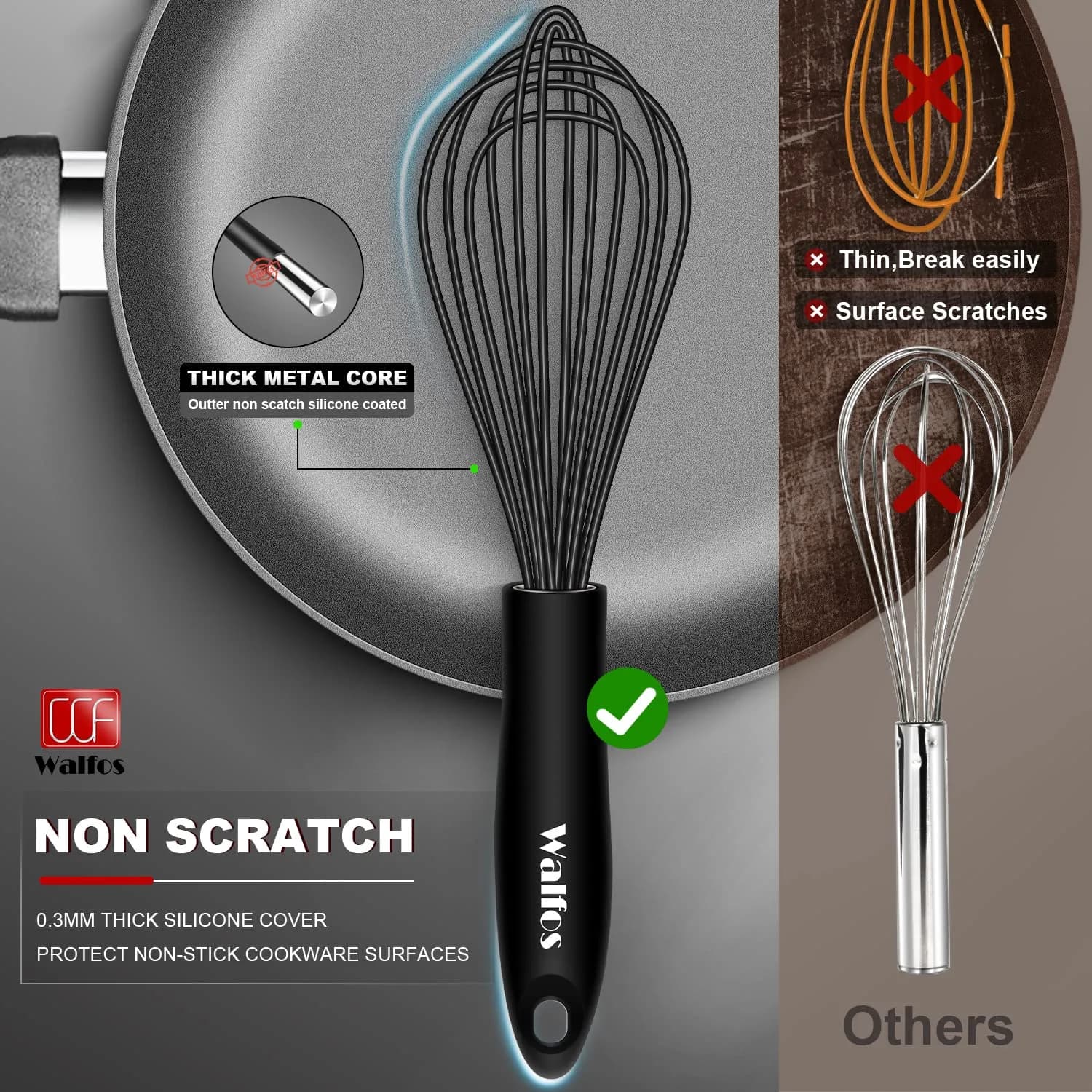 Walfos 7"+9"+11" Stainless Steel Balloon Whisk Set in Black - 3-Piece Heavy Duty Egg Frother - view 4