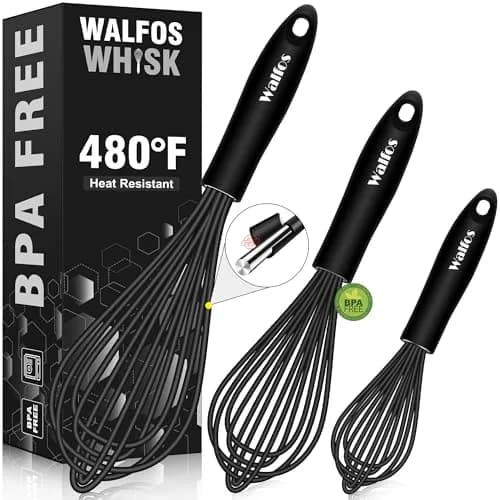 Walfos Stainless Steel Balloon Whisk Set (7"+9"+11") | 3-Piece Heavy Duty Egg Frother for Cooking — 7+9+11 in Black