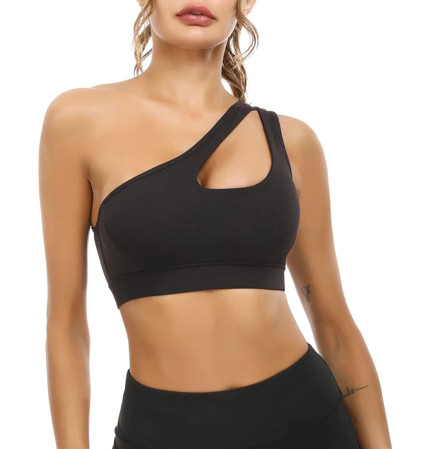 Sykooria Women's One Shoulder Sports Bra Camouflage Green | Medium Support, Breathable & Soft Fabric — Black / Small