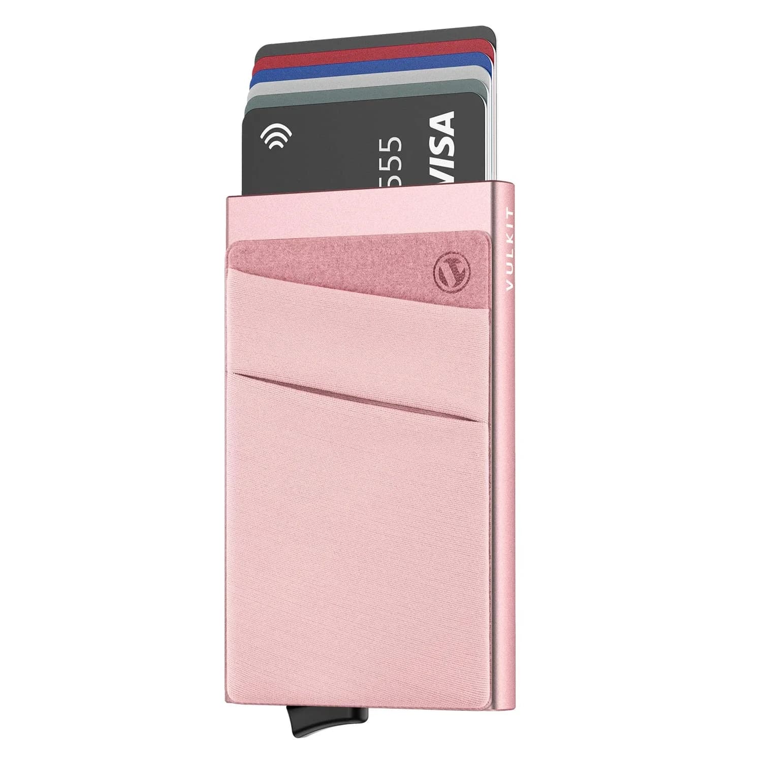 VULKIT Rose Gold Pop Up Card Holder Wallet with Money Pocket | RFID Blocking Slim Metal Bank Card Case