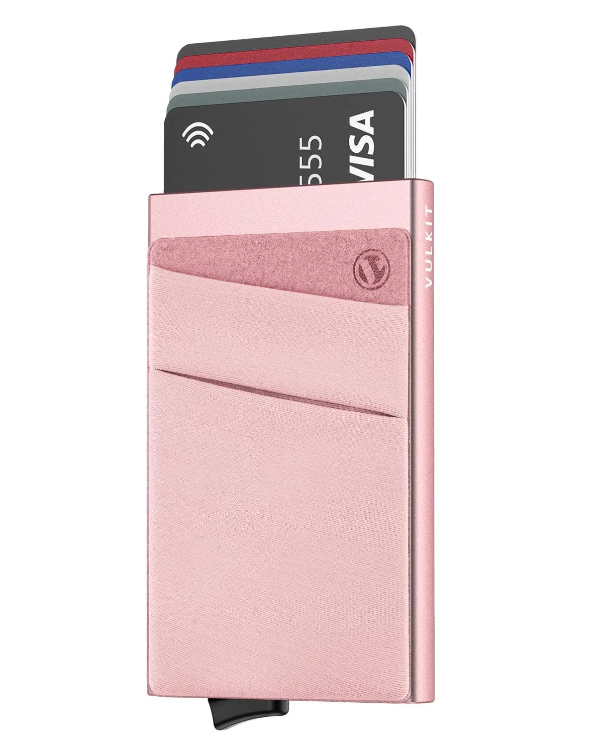 VULKIT Rose Gold Pop Up Card Holder Wallet with Money Pocket | RFID Blocking Slim Metal Bank Card Case - main product image