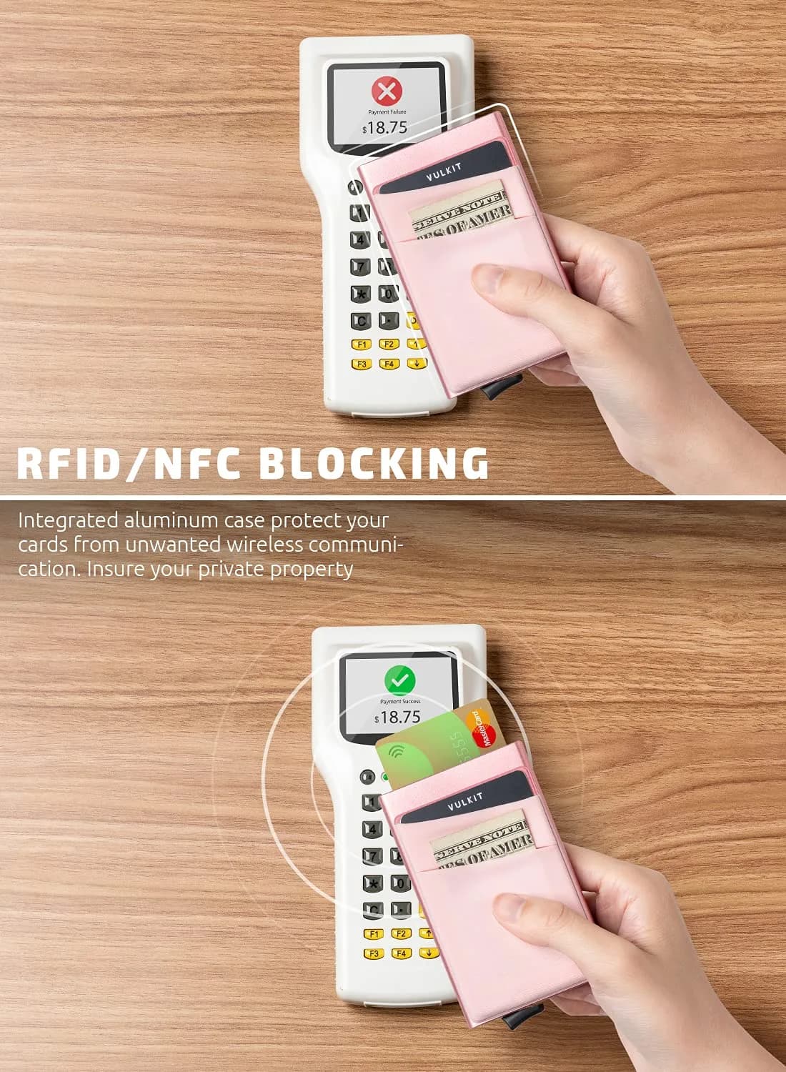 VULKIT Rose Gold Pop Up Card Holder Wallet with Money Pocket | RFID Blocking Slim Metal Bank Card Case - view 3