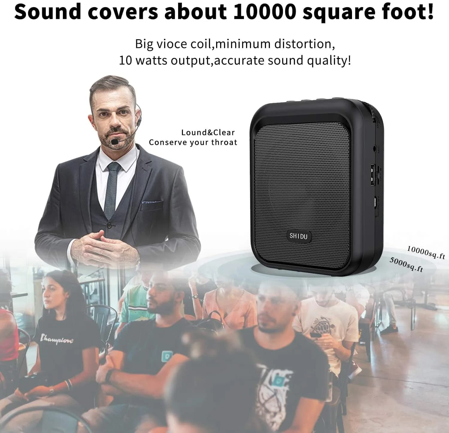 SHIDU M100 Mini Voice Amplifier Portable Rechargeable Bluetooth Speaker with Wired Microphone Headset 10W 1800mAh | 10W Output - view 3