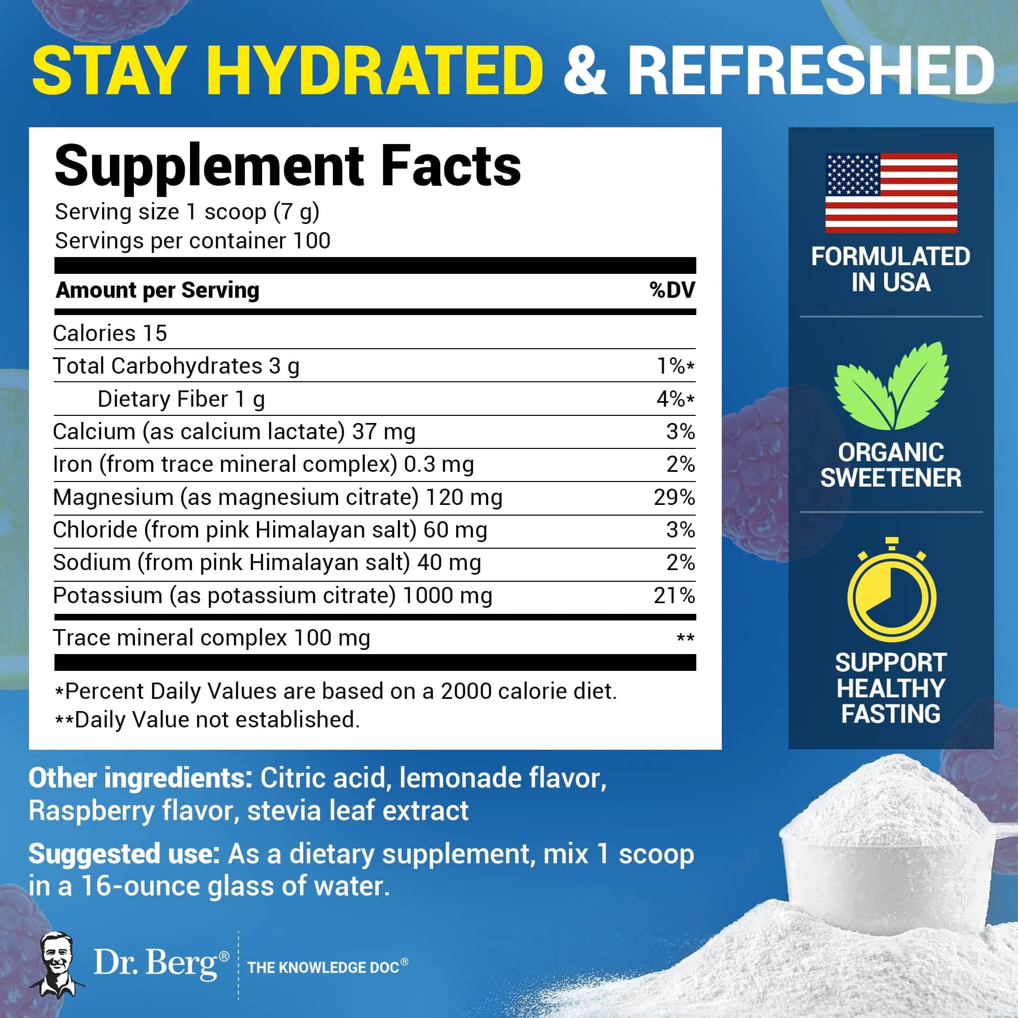 Dr. Berg Raspberry & Lemon Keto Electrolyte Powder - Zero Sugar, 100 Servings - view 3