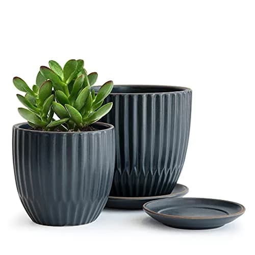D'vine Dev 2-Pack Stoneware Planter Pots, 4.5/5.8 in, Charcoal Grey | Modern Ribbed Ceramic Indoor Planters thumbnail 1