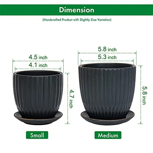 D'vine Dev 2-Pack Stoneware Planter Pots, 4.5/5.8 in, Charcoal Grey | Modern Ribbed Ceramic Indoor Planters thumbnail 3