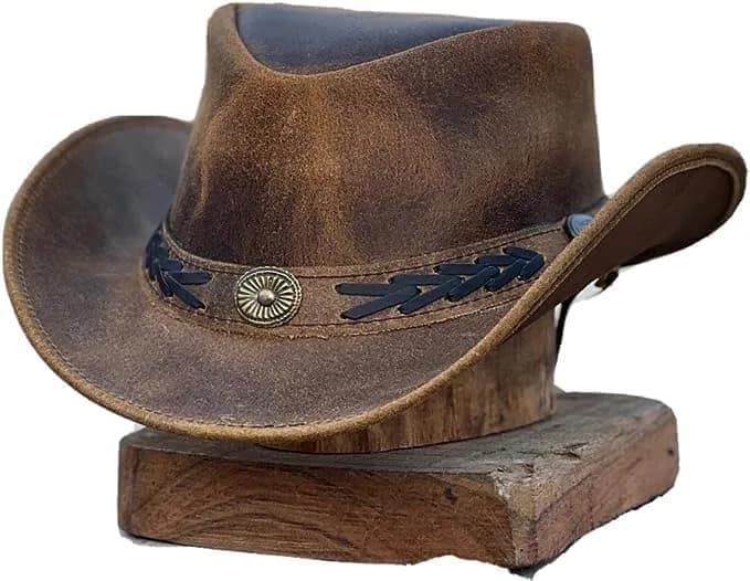 HADZAM Leather Cowboy Hat Shapeable into Outback Hat, Brown Small | Wide Brim for Sun Protection - main product image