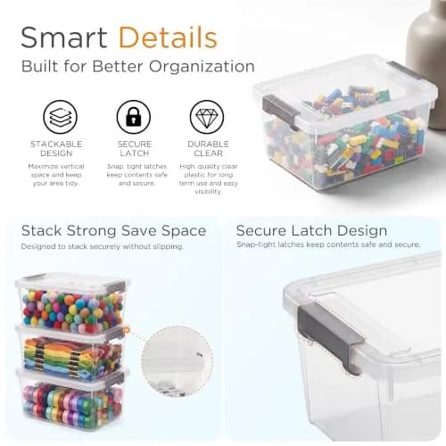 Citylife 10Packs 1.3Qt Small Storage Bins with Lids | Stackable, Clear, Polypropylene thumbnail 3